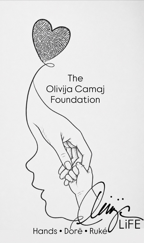 Line drawing of a parent's hand holding a child's hand, with a fingerprint heart and the words The Olivija Camaj Foundation