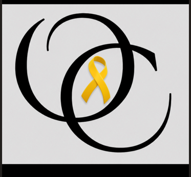 OC monogram with a gold childhood cancer ribbon